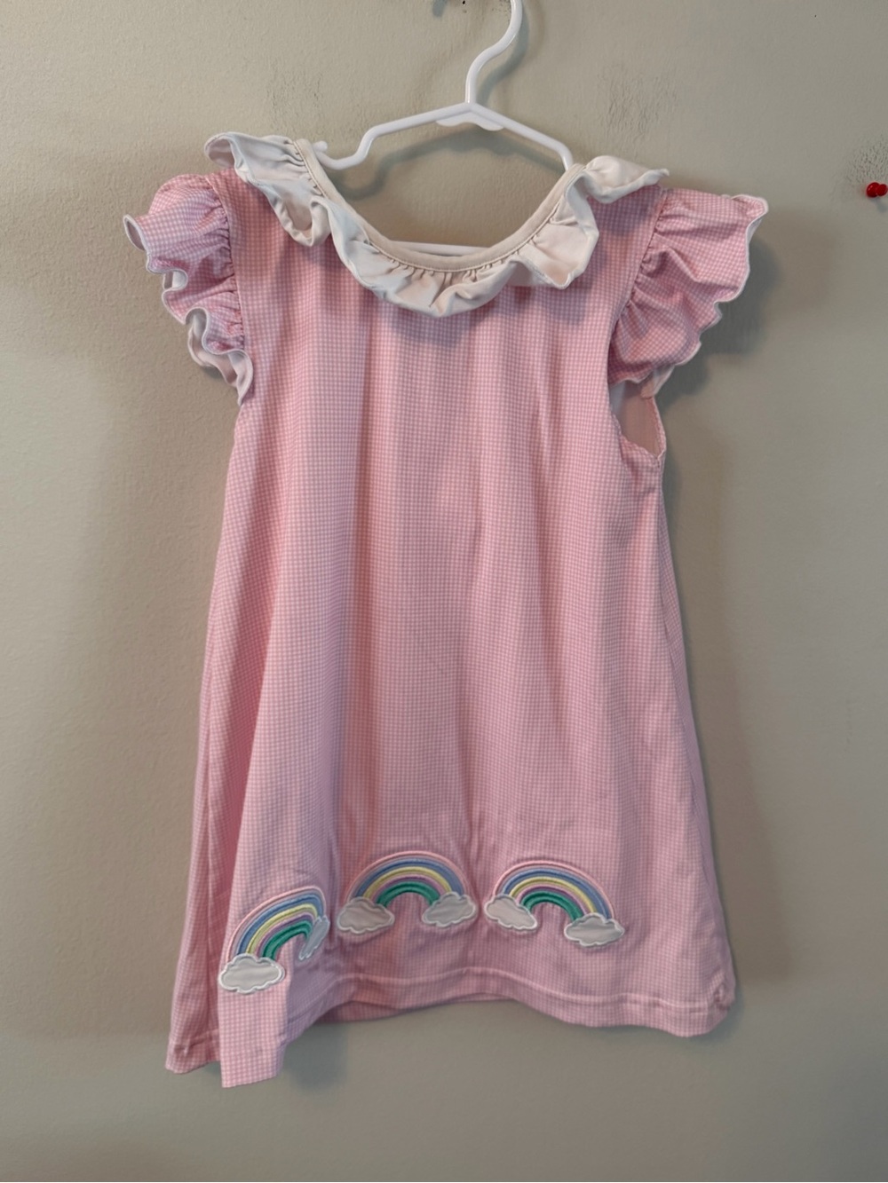 Cecil and Lou Pink Ruffle-Sleeve Dress with Rainbow Appliqués